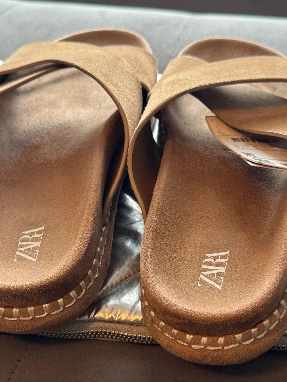 Zara Tan Suede Crisscross Slide Sandals